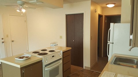 a kitchen with a stove and a refrigerator and a sink